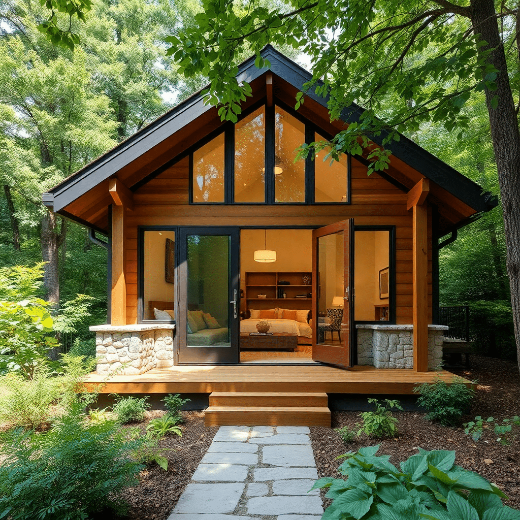 Warm cedar cabin with stone pillars and lush forest backdrop